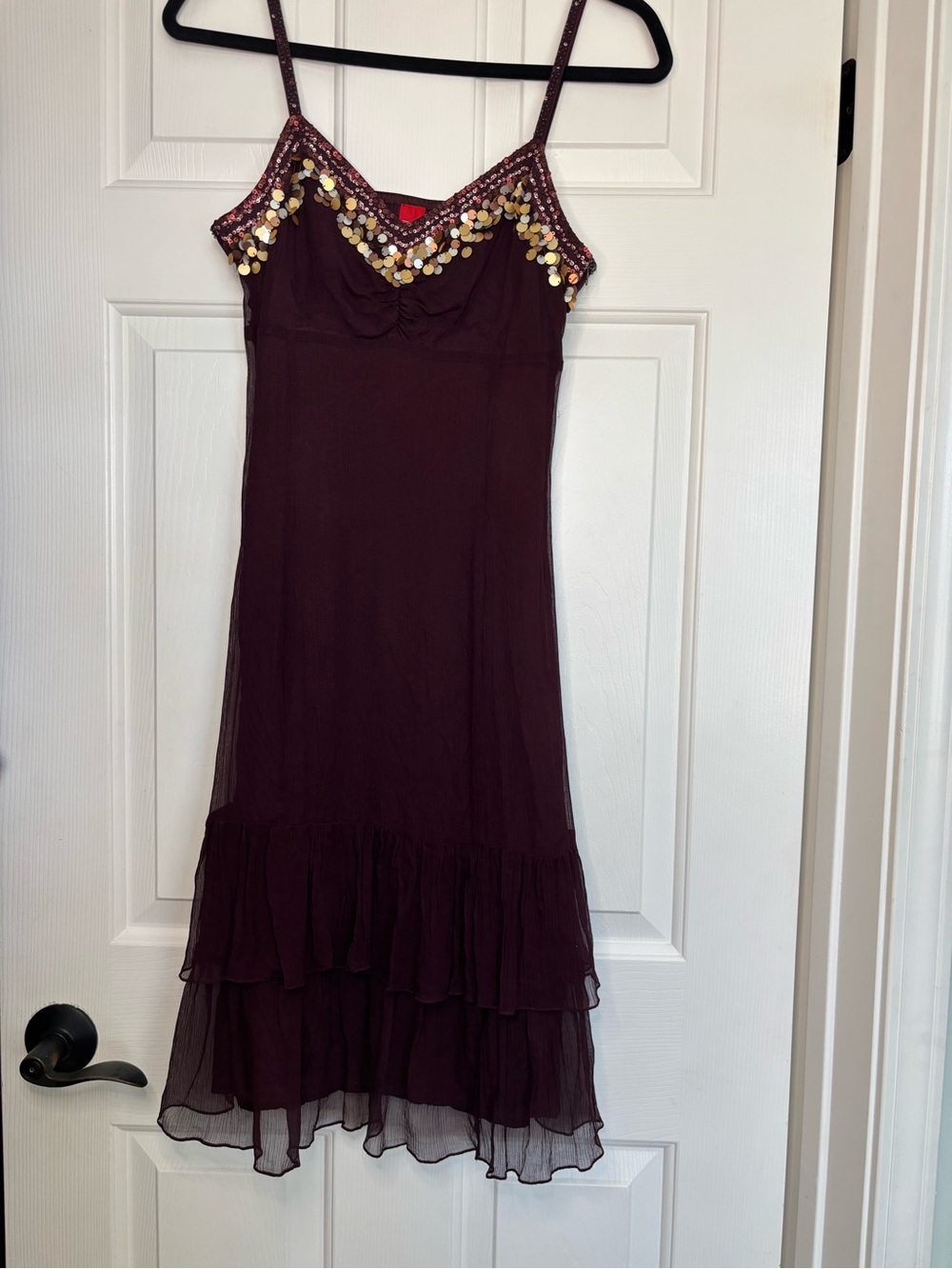 Esprit Burgundy Spaghetti-Strap Midi Dress with Gold Sequin Trim
